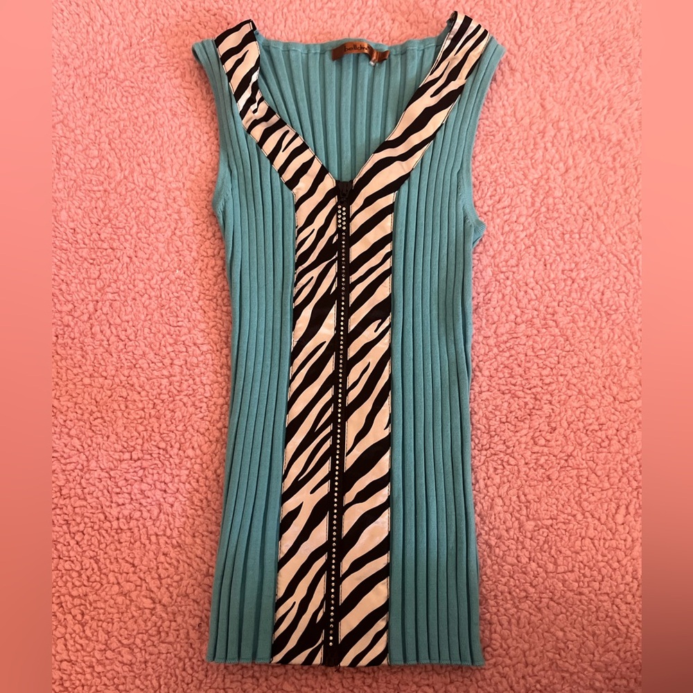 Belldini y2k zip up teal and zebra print top